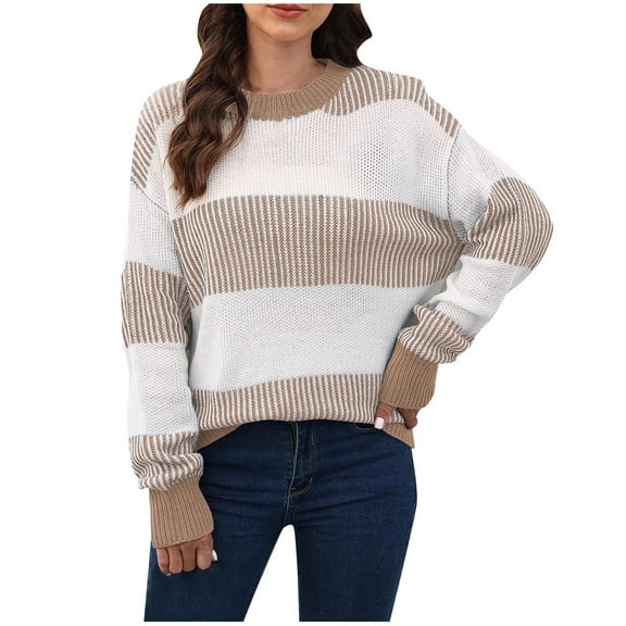 hotojiny Women's Sweaters Fall Winter Casual Oversized Long Sleeve Striped Sweater Loose Crew Neck Knit Pullover