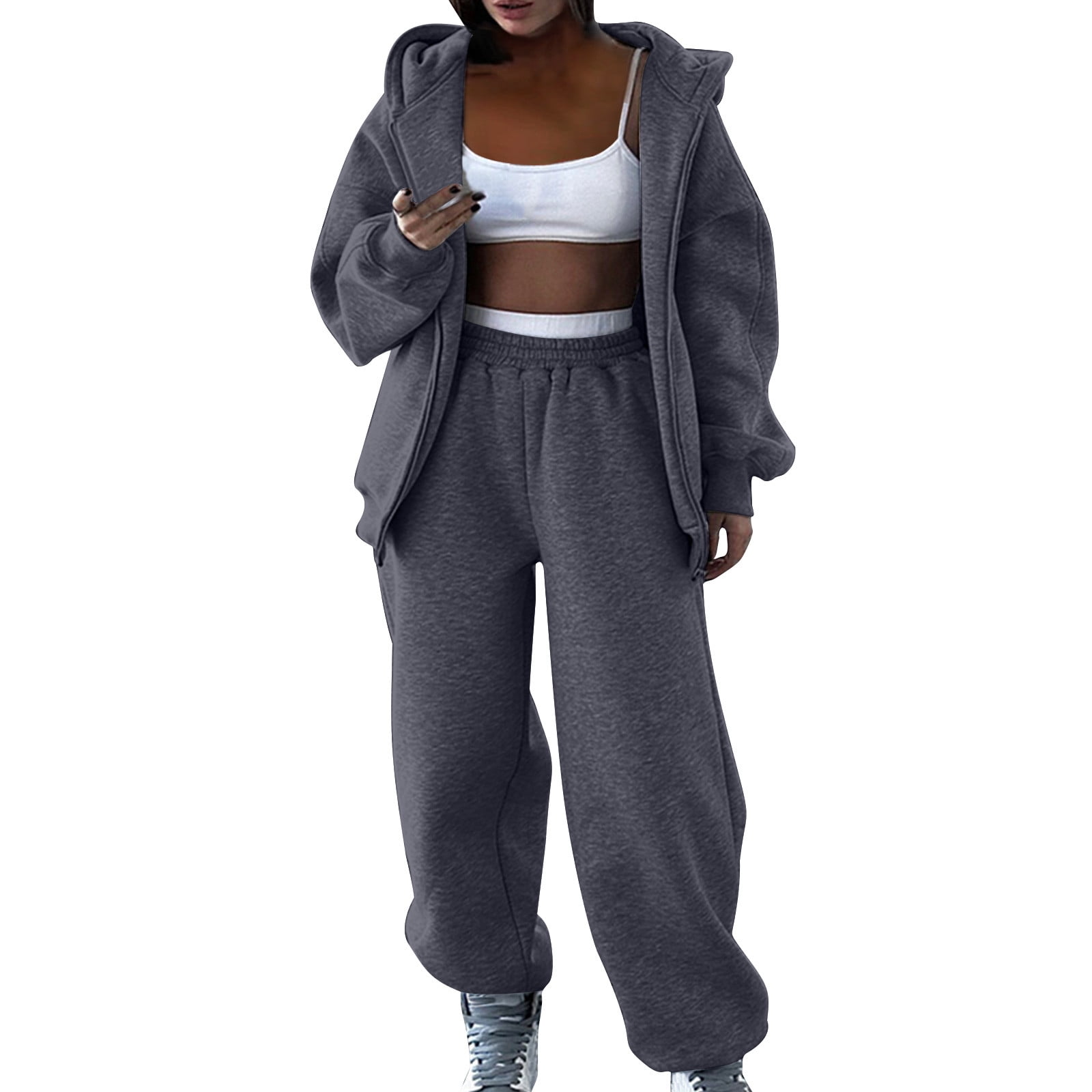 IQYU Sportpak voor dames, licht, tweedelig joggingpak, elegant joggingpak, basic, lichte hoodie, joggingpak, trainingspak, modern sweatshirt met capuchon, sweatpants, vrijetijdspak, tracksuit set