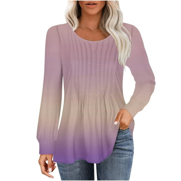 hotojiny Women's Tops Long Sleeve Tunic Shirts Pleated Crew Neck Blouses Dressy Casual Loose Summer and Fall T-Shirts