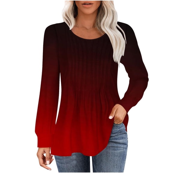 hotojiny Women's Tops Long Sleeve Tunic Shirts Pleated Crew Neck Blouses Dressy Casual Loose Summer and Fall T-Shirts