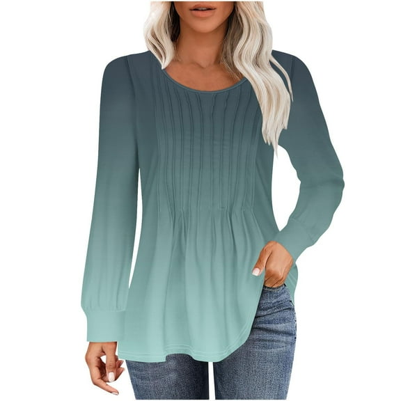 hotojiny Women's Tops Long Sleeve Tunic Shirts Pleated Crew Neck Blouses Dressy Casual Loose Summer and Fall T-Shirts