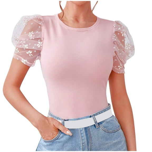 hotojiny Women's Tops Short Sleeve Business Casual Dressy Blouse Summer Stylish Crew Neck Mesh Short Sleeve Work Shirts