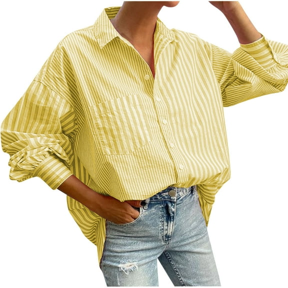 hotojiny Women's Tops Striped Button Down Shirts Casual Long Sleeve Stylish V Neck Blouses with Pockets