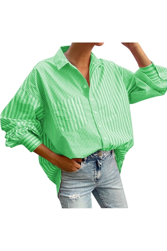 Women's Tops Striped Button Down Shirts Casual Long Sleeve Stylish V Neck Blouses with Pockets