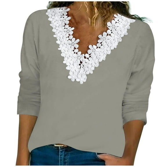 hotojiny Women's Trendy Tops Long Sleeve Basic Casual V Neck 2024 Fall Fashion Blouse Solid Color Tunic Shirts