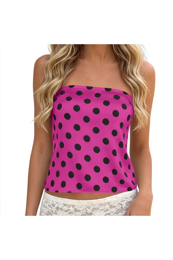 Women's Tube Tops Summer Casual Bandeau Tanks Casual Strapless Polka Dot Blouse off the Shoulder Tunic Shirts