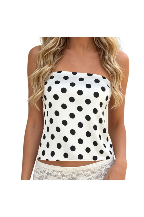 Women's Tube Tops Summer Casual Bandeau Tanks Casual Strapless Polka Dot Blouse off the Shoulder Tunic Shirts