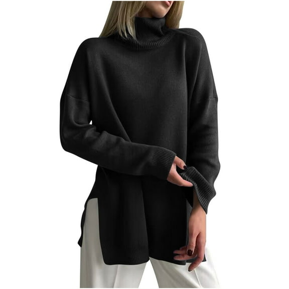 hotojiny Women's Turtleneck Oversized Sweaters Fall Outfits Clothes Classic Loose Long Knit Pullover Winter Tunic Top with Side Slits