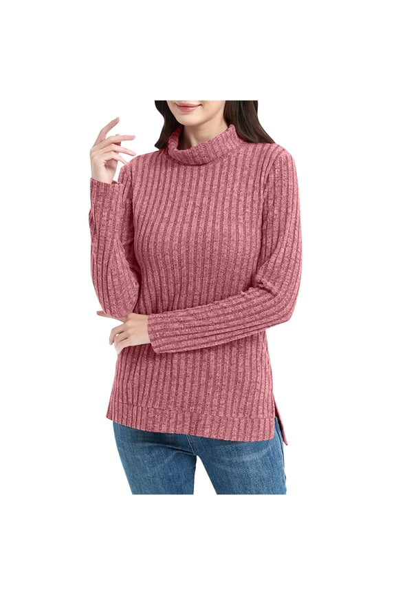 Women's Turtleneck Sweater Fall Cozy Loose Casual Pullover Trendy Long Sleeve Ribbed Knit Tops with Side Slit Winter Clothes