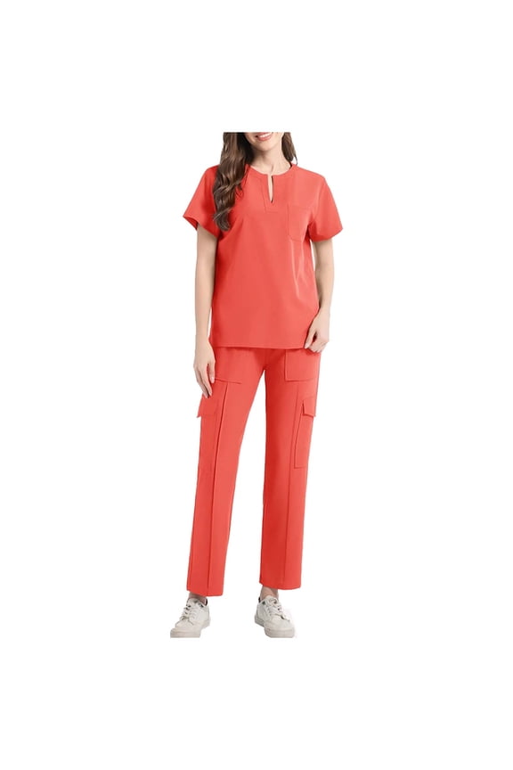 Women's Two Piece Set Stretch V Neck Top and Wide Leg Cargo Pant Performance Workwear with Multi Pockets S-XXL