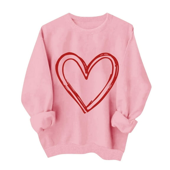 hotojiny Women's Valentine's Day Sweatshirts Fashion Long Sleeve Crewneck Pullover Casual Cute Heart Print Loose Tops