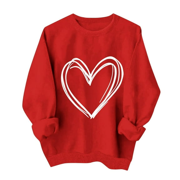 hotojiny Women's Valentine's Day Sweatshirts Fashion Long Sleeve Crewneck Pullover Casual Cute Heart Print Loose Tops