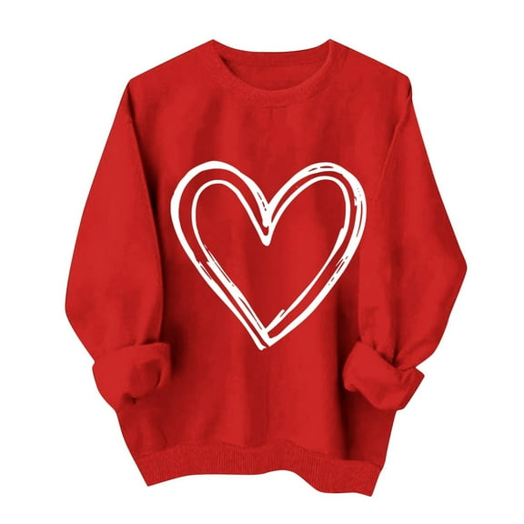 hotojiny Women's Valentine's Day Sweatshirts Fashion Long Sleeve Crewneck Pullover Casual Cute Heart Print Loose Tops