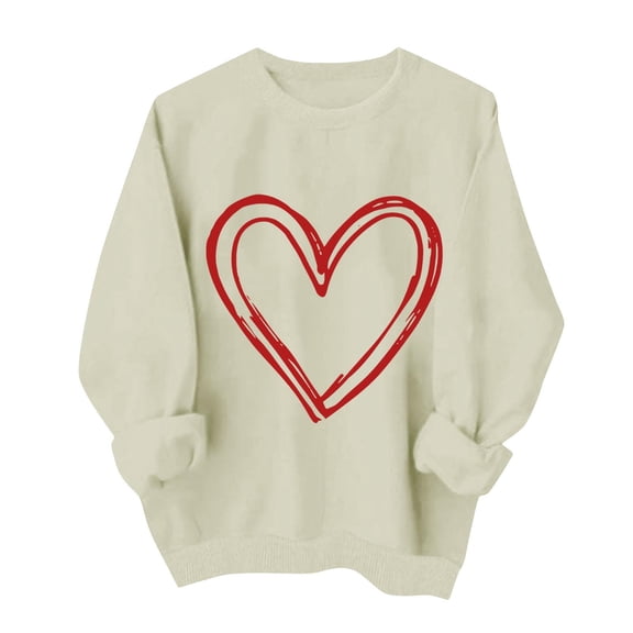 hotojiny Women's Valentine's Day Sweatshirts Fashion Long Sleeve Crewneck Pullover Casual Cute Heart Print Loose Tops
