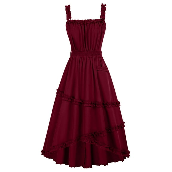 hotojiny Women's Vintage Dress Sleeveless Spaghetti Strap Backless Maxi Dress Waist Tie A Line Flowy Long Dress with Pocket