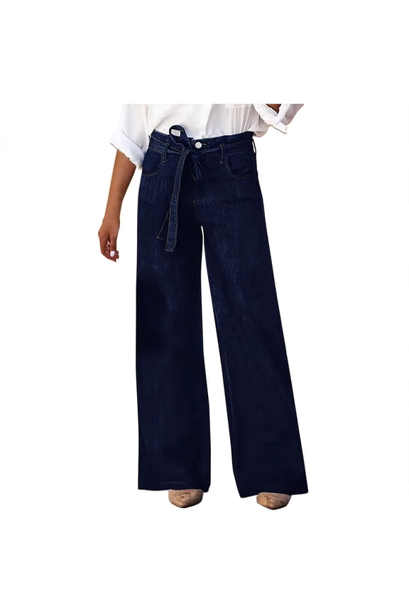 Women's Wide Leg Jeans High Waisted Strechy Pull on Baggy Jeans Fall Fashion Tie Front Denim Pants Streetwear
