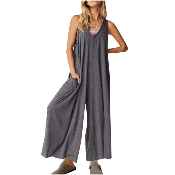hotojiny Women's Wide Leg Jumpsuits Boho Lounge Beach Vacation Overalls Loose Sleeveless Long Pants Rompers