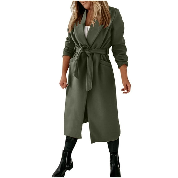 hotojiny Women's Wool Blend Coat Notched Lapel Pocketed Pea Coats Fall Winter Causal Long Overcoat with Belt