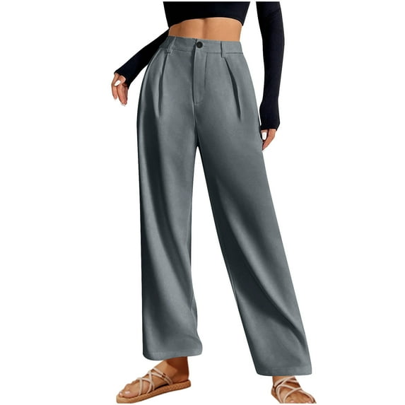 hotojiny Women's Work Pants Plus Size Button Wide Leg Dress Pants Casual Quick Drying Elastic Waist Pleated Office Pants