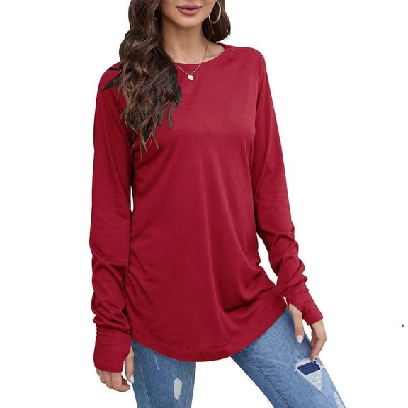 hotojiny Women's Workout Tops Long Sleeve Running Hiking Athletic Gym Shirts Lightweight with Thumb Hole Crewneck Pullover
