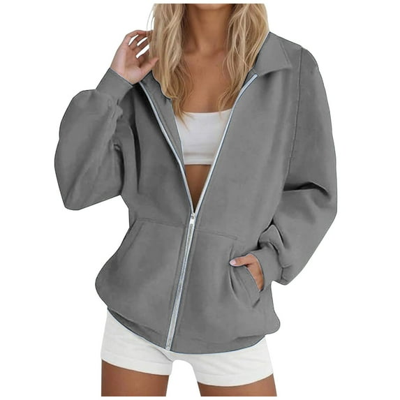 hotojiny Women's Zip Up Jacket Casual Long Sleeve Workout Sweatshirts Vintage Solid Color Athletic Sport Coat Outwear with Pockets
