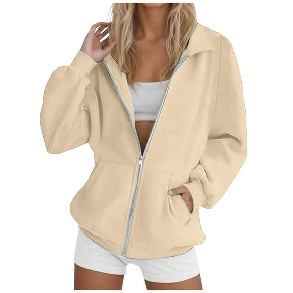 hotojiny Women's Zip Up Jacket Casual Long Sleeve Workout Sweatshirts Vintage Solid Color Athletic Sport Coat Outwear with Pockets