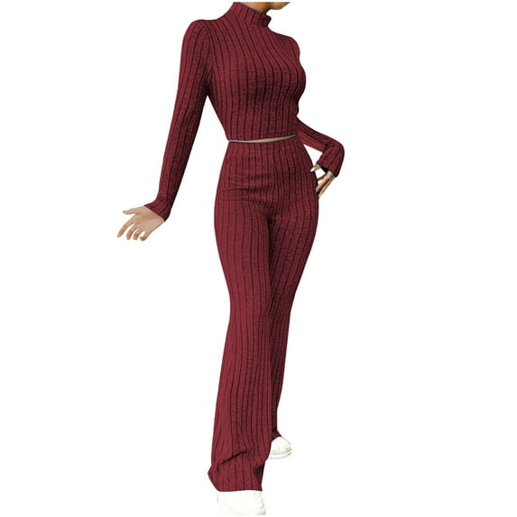 hotojiny Womens 2 Piece Knit Outfits Ribbed Slim Long Sleeve Mock Neck Crop Tops and Flared Pants Lounge Matching Sets