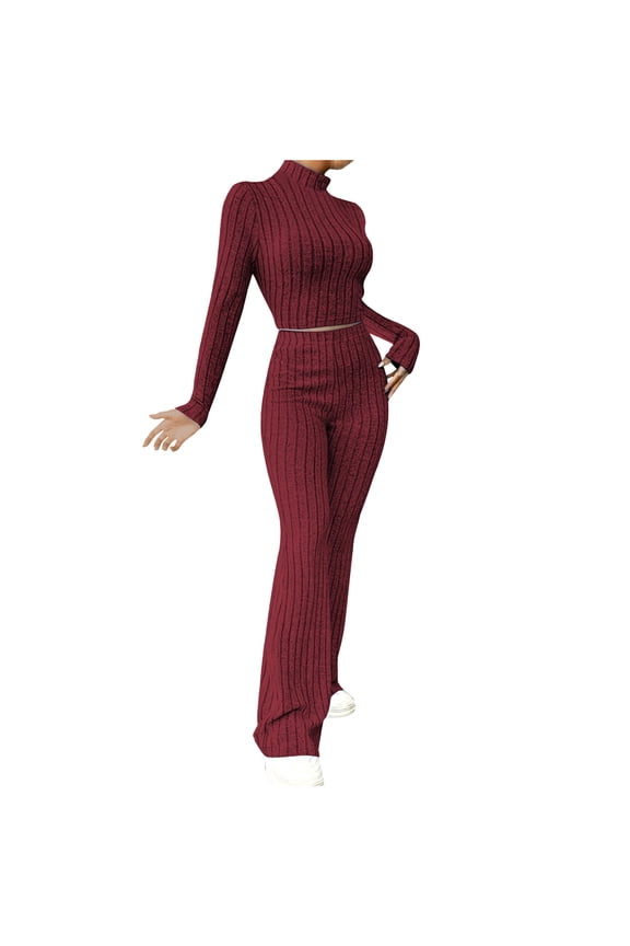 Womens 2 Piece Knit Outfits Ribbed Slim Long Sleeve Mock Neck Crop Tops and Flared Pants Lounge Matching Sets