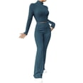 thumbnail image 1 of hotojiny Womens 2 Piece Knit Outfits Ribbed Slim Long Sleeve Mock Neck Crop Tops and Flared Pants Lounge Matching Sets, 1 of 7