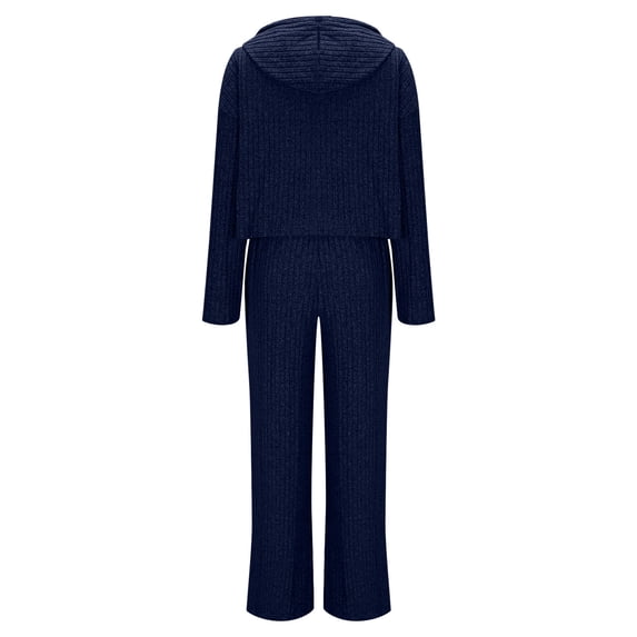 hotojiny Womens 2 Piece Pajama Sets Fall Ribbed Knit Fashion Hoodie Pullover Wide Leg Pants Lounge Set Soft Pj Sleepwear Sweatsuits