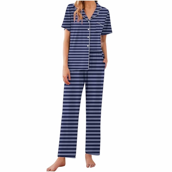 hotojiny Womens 2 Piece Pajamas Set Soft Button down Pjs Set Short Sleeve Shirts Sleepwear Lounge Sets with Long Pants
