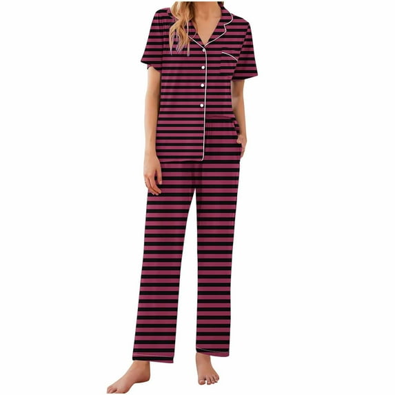 hotojiny Womens 2 Piece Pajamas Set Soft Button down Pjs Set Short Sleeve Shirts Sleepwear Lounge Sets with Long Pants