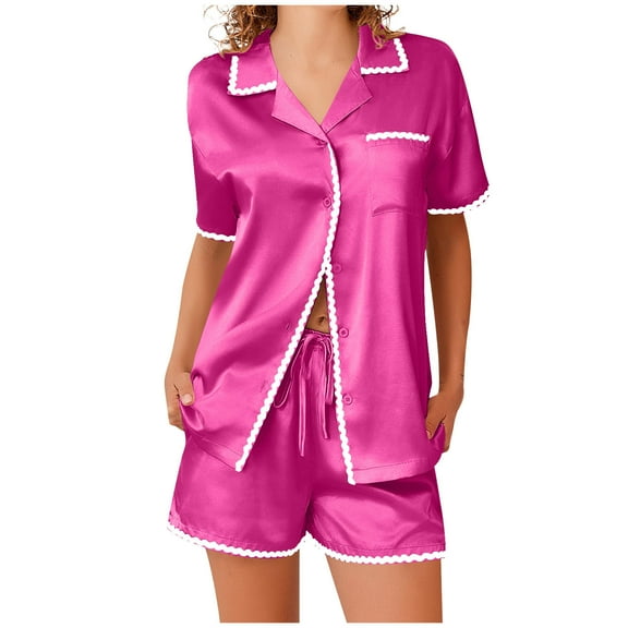 hotojiny Womens 2 Piece Satin Pajamas Set Soft Button Down Short Sleeve Shirts Sleepwear with Shorts Loungewear