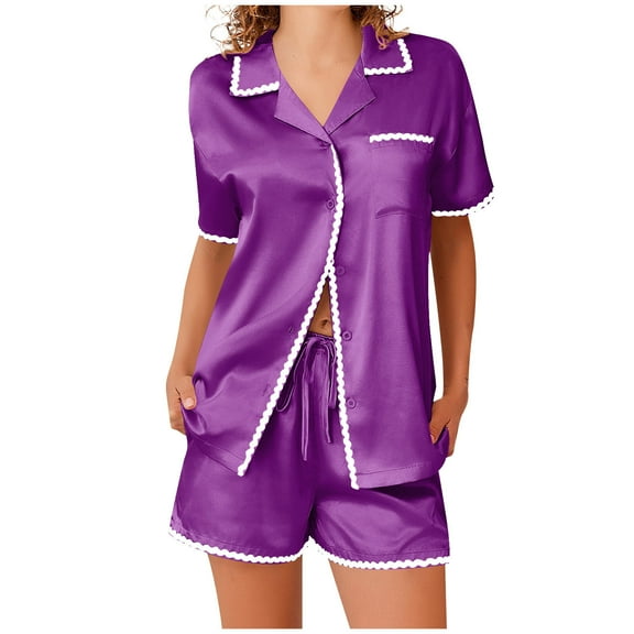 hotojiny Womens 2 Piece Satin Pajamas Set Soft Button Down Short Sleeve Shirts Sleepwear with Shorts Loungewear
