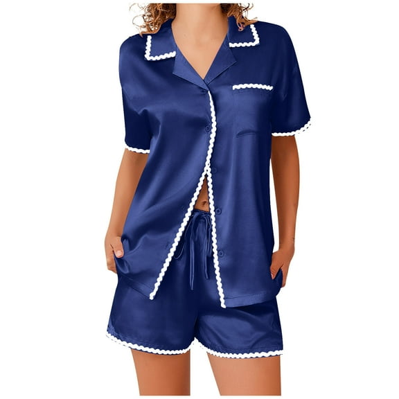 hotojiny Womens 2 Piece Satin Pajamas Set Soft Button Down Short Sleeve Shirts Sleepwear with Shorts Loungewear