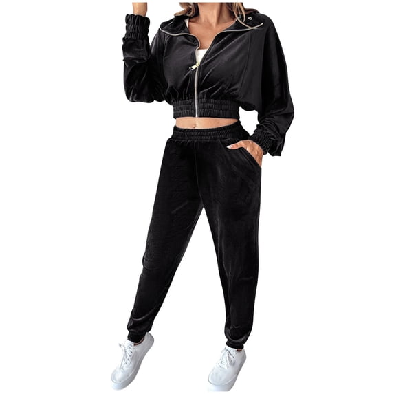 hotojiny Womens 2 Piece Tracksuit Fall Outfits Long Sleeve Zip up Crop Tops Jackets Velvet Sweatpants Lounge Matching Set