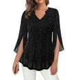 thumbnail image 1 of hotojiny Womens 3/4 Ruffle Sleeve Sparkly Tops Elegant Sequin V Neck Blouses Dressy Casual Mesh Fall Shirts Fashion Clothes, 1 of 7
