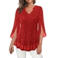 thumbnail image 1 of hotojiny Womens 3/4 Ruffle Sleeve Sparkly Tops Elegant Sequin V Neck Blouses Dressy Casual Mesh Fall Shirts Fashion Clothes, 1 of 7