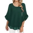 thumbnail image 1 of hotojiny Womens 3/4 Ruffle Sleeve Tops Solid Double Layer Chiffon Blouses Scoop Neck Flowy Tops Fashion Fall Shirt, 1 of 6