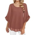 thumbnail image 1 of hotojiny Womens 3/4 Ruffle Sleeve Tops Solid Double Layer Chiffon Blouses Scoop Neck Flowy Tops Fashion Fall Shirt, 1 of 6