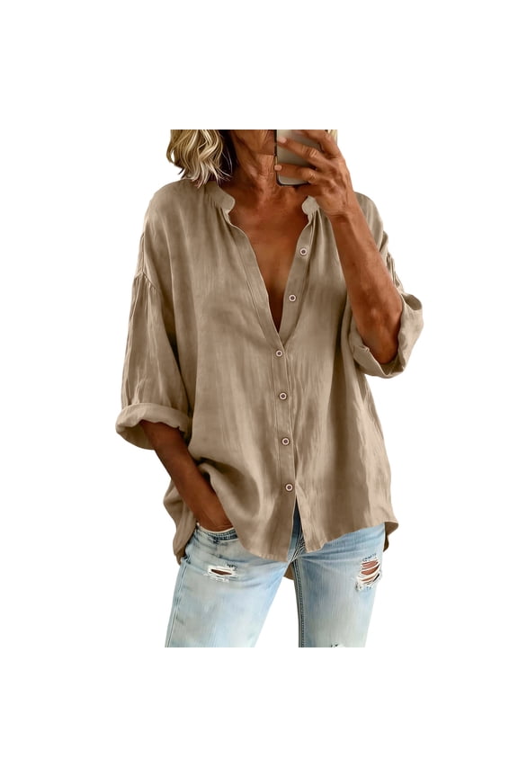 Womens 3/4 Sleeve Button Down Shirts Breathable Roll up Summer Tops Classic Crew Neck Casual Loose Fit Blouses