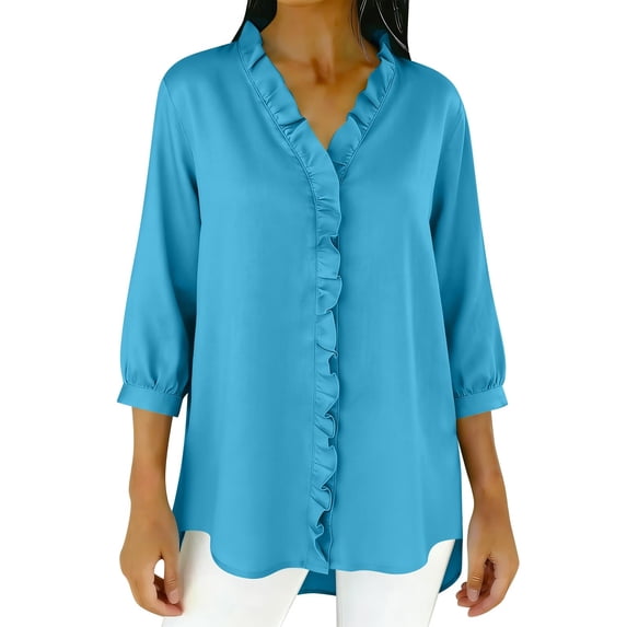 hotojiny Womens 3/4 Sleeve Shirts Summer Trendy Ruffle V Neck Work Blouse Loose Fit Office Business Casual Tops S-2XL