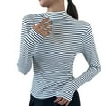 thumbnail image 1 of hotojiny Womens Basic Tops Casual Long Sleeve Mock Neck Slim Shirts Lounge Trendy Comfy Striped Soft T Shirts, 1 of 3
