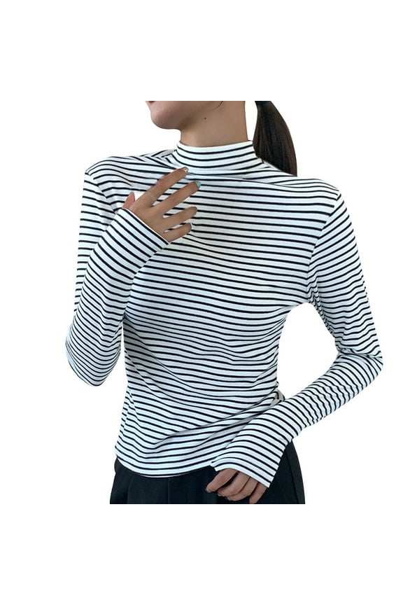 Womens Basic Tops Casual Long Sleeve Mock Neck Slim Shirts Lounge Trendy Comfy Striped Soft T Shirts