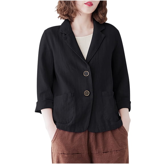 hotojiny Womens Blazer Casual Solid Cotton Linen 3/4 Sleeve Laple Work Coat Button down Jacket Tops with Pocket