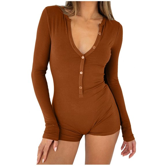 hotojiny Womens Bodysuit Ribbed Knitted Long Sleeve Slim Workout Yoga Rompers Comfy Button Down Soft Pajama Jumpsuits