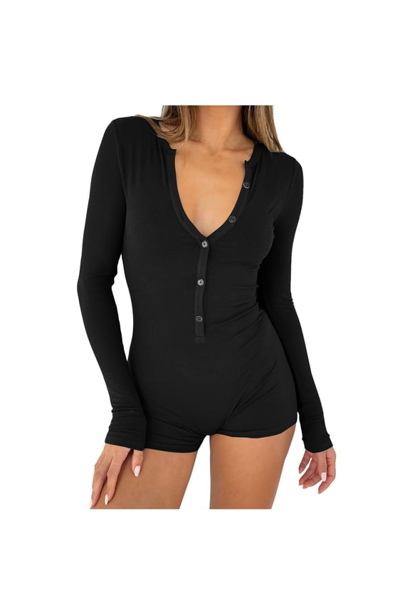 Womens Bodysuit Ribbed Knitted Long Sleeve Slim Workout Yoga Rompers Comfy Button Down Soft Pajama Jumpsuits
