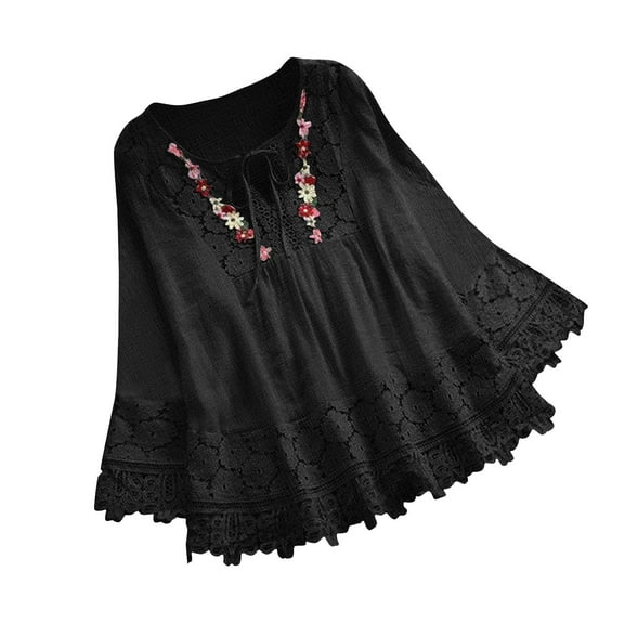 hotojiny Womens Boho Tops Loose Long Sleeve Fall T-Shirts Front Tie Lace Printed Shirts Trendy Clothes