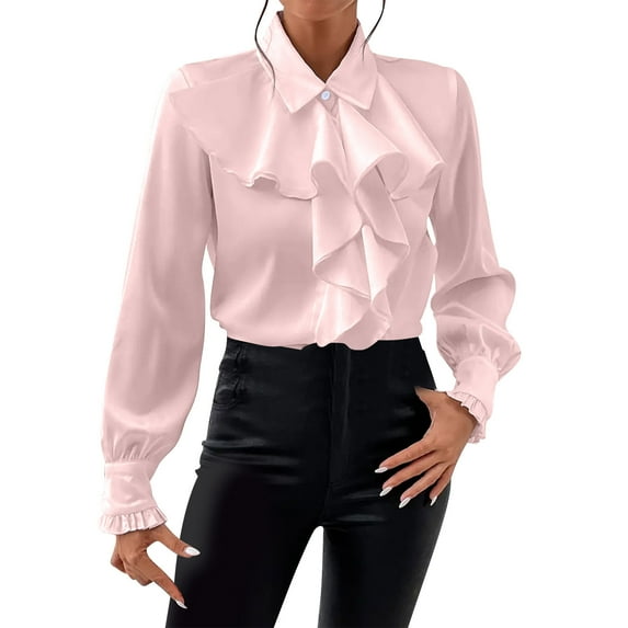 hotojiny Womens Button Down Shirt Dressy Puff Long Sleeve Ruffle Lapel Work Office Blouse Casual Business Vintage Tops