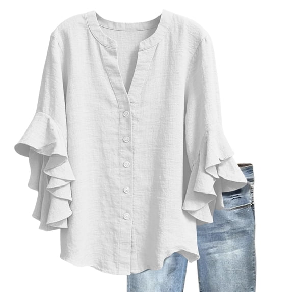 hotojiny Womens Button Down Shirt Dressy Ruffle 3/4 Sleeve Casual Blouses Flowy V Neck Beach Vaction Shirts Spring Clothes